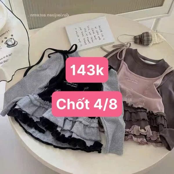 04/08 Áo thun dài tay phối lớp 2 dây bèo cho bé #N040823 - Đen - 140