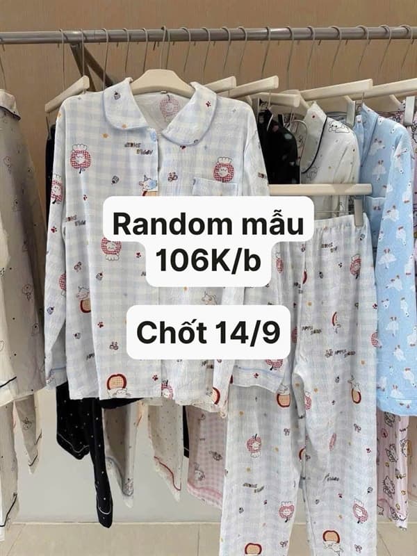 14/09 Bộ mặc nhà đũi kate cổ sen dài tay hoạ tiết (random) #L1490