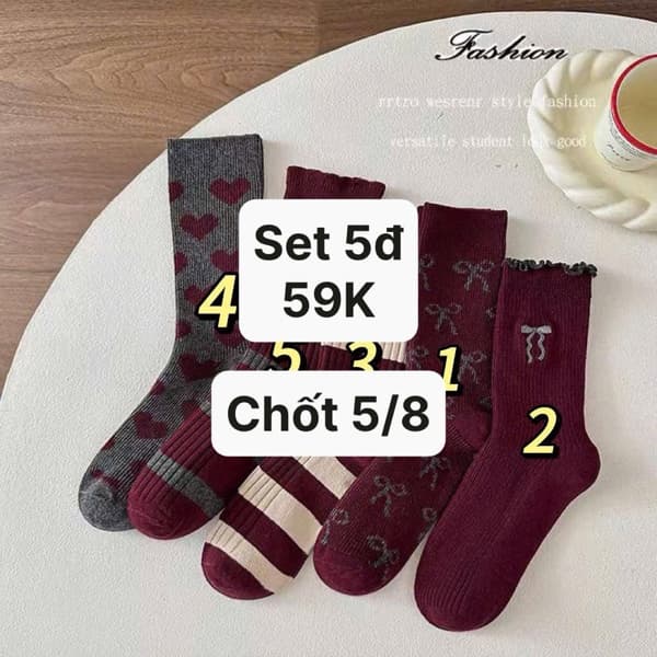05/08 Set 5đ tất cổ phối bèo ren tone đỏ #N05802 - 3-5t
