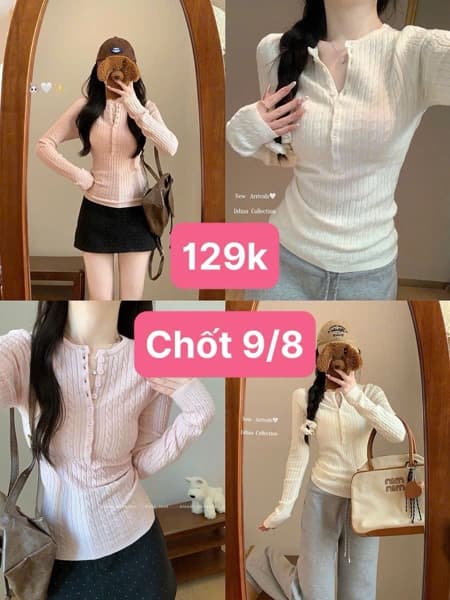 09/08 Áo len tăm xoắn cổ V dài tay #M100858 - Hồng - L