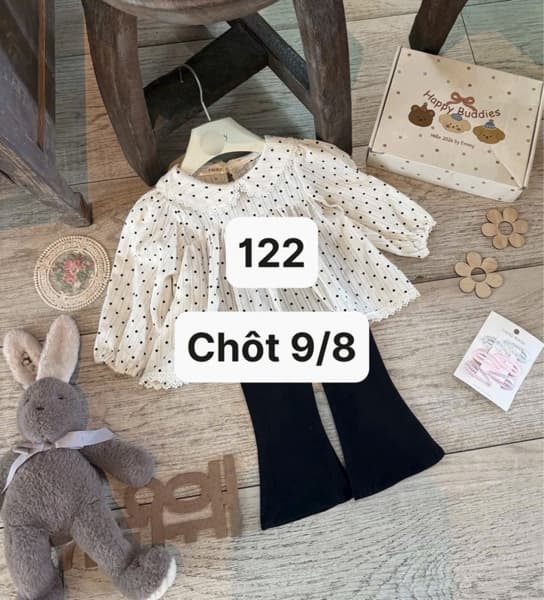 09/08 Set áo babydoll chấm bi+quần đen ống loe cho bé gái #U0274 - 110