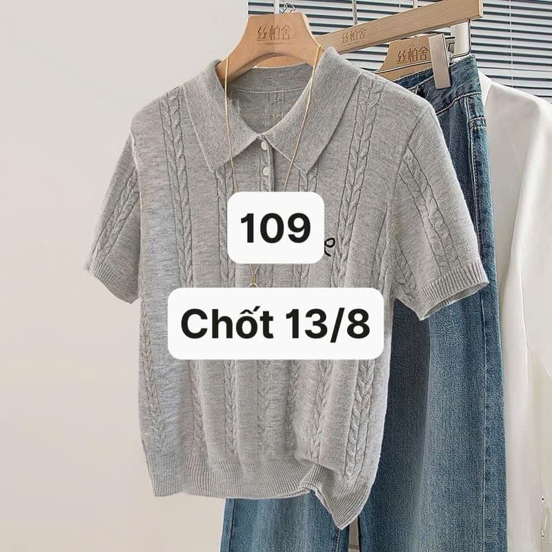 13/08 Áo len dệt kim polo tay ngắn tone xám thêu nơ #N13809