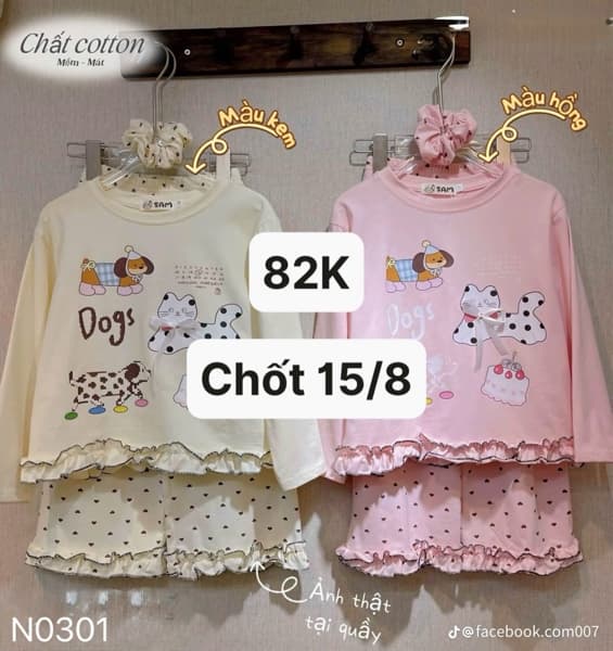 15/08 Set thun cotton dài viền bèo quần chấm bi tim cho bé gái #U0301 - Kem - 150