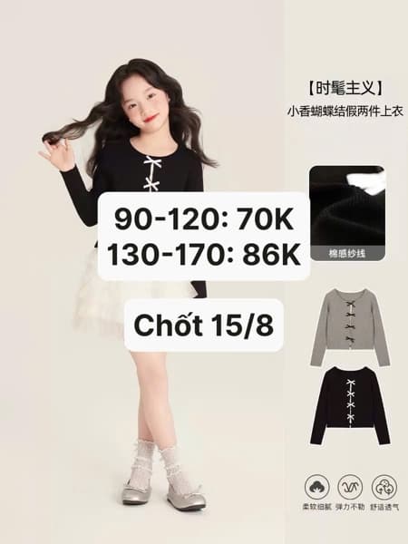 15/08 Áo dài tay giả 2 lớp đính nơ #M150829 - Xám - 170