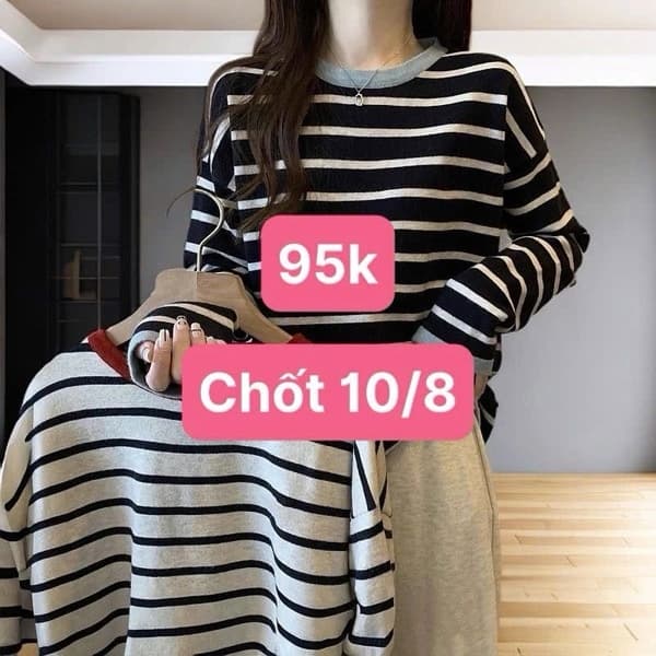 10/08 Áo len oversize dài tay kẻ sọc ngang #N10819 - Sọc đen