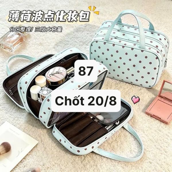 20/08 Túi đựng đồ makeup chấm bi 3 ngăn #M200853 - Hồng