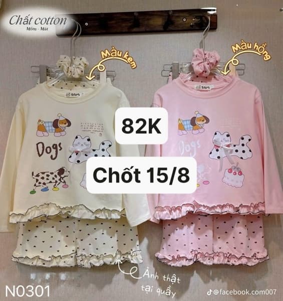 15/08 Set thun cotton dài viền bèo quần chấm bi tim cho bé gái #U0301 - Hồng - 120