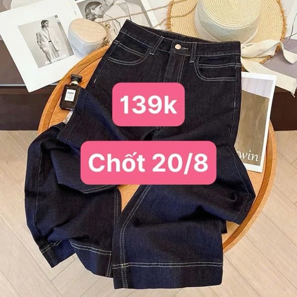 20/08 Quần jean ống rộng xanh navy viền chỉ nổi #N20839 - M
