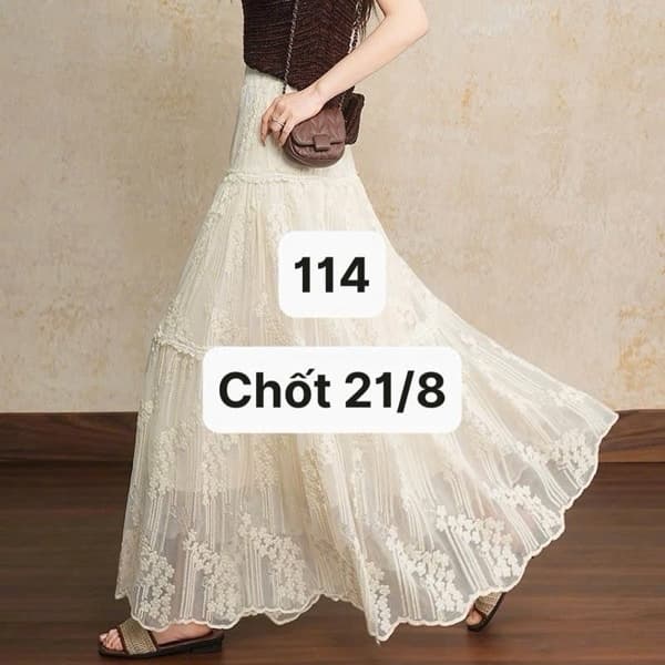 21/08 Chân váy dáng dài chữ A ren thêu phối tầng #N21817 - M