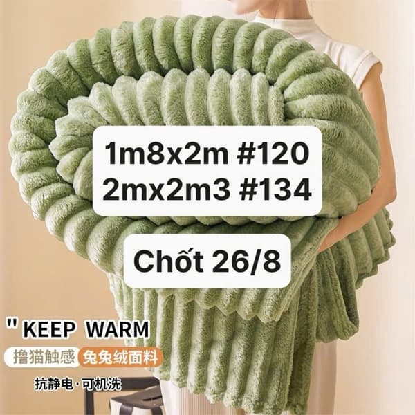 26/08 Chăn lông nhung siêu ấm #M290847 - Xanh rêu - 2mx2m3
