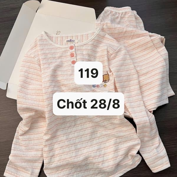 28/08 Bộ dài mặc nhà kẻ ngang thêu cún #N28801 - Hồng - XL