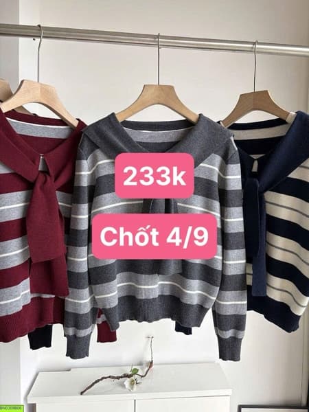 04/09 Áo len kẻ ngang kèm khăn #N04942 - Xanh than