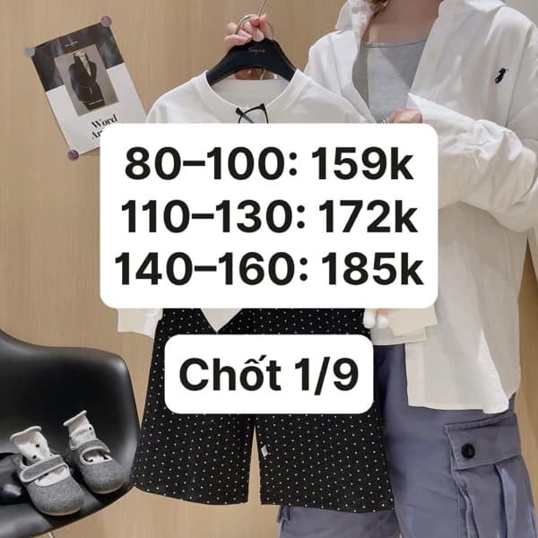 01/09 Set áo dài tay trắng hình bé gái-quần suông mix váy chấm bi đen cho bé #N01908 - 160