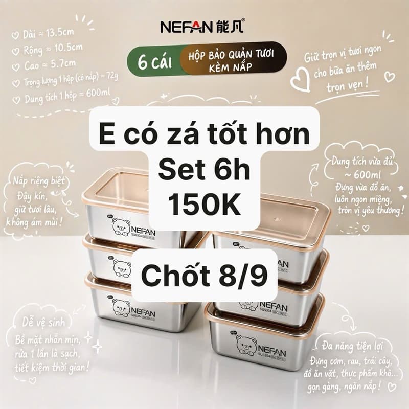 08/09 Set 6h đựng thực phẩm inox kèm nắp trong suốt #L8901