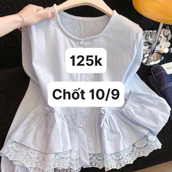 10/09 Áo sơ mi tay phồng phối ren hoa #N10922 - Xanh - M
